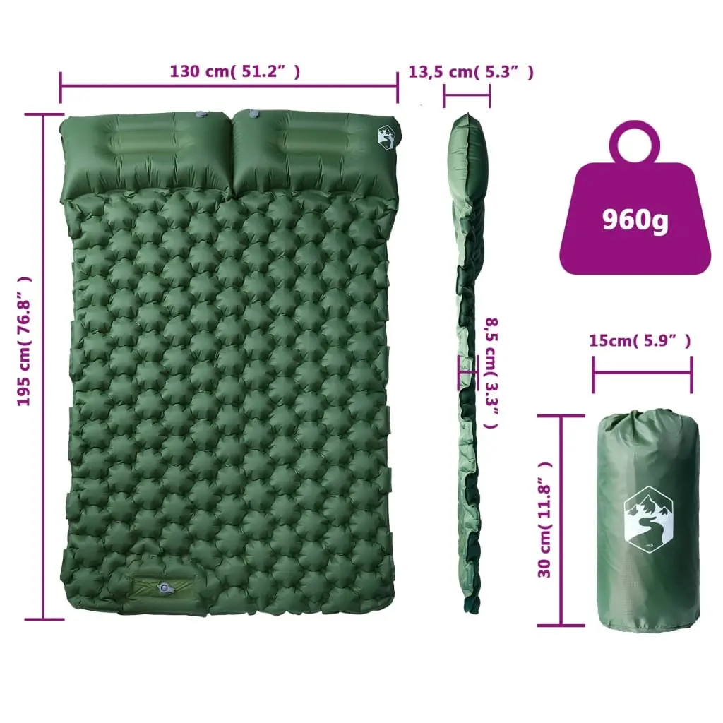 Self Inflating Camping Mattress 2 Person Green Sleeping Pad with Integrated Pillows