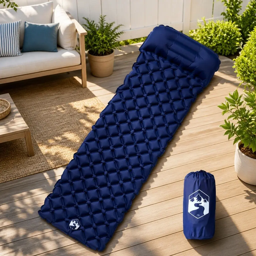 Inflatable Camping Mattress Integrated Pillow Single Person 6 cm Thickness Blue