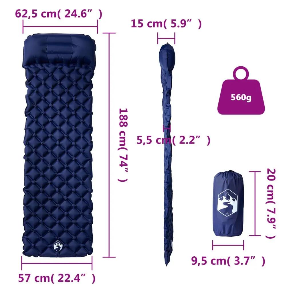 Inflatable Camping Mattress Integrated Pillow Single Person 6 cm Thickness Blue
