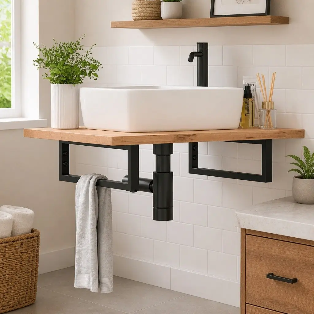 Rectangular Steel Shelf Brackets for Washbasin Wall Mount Storage Support Black 2 Piece