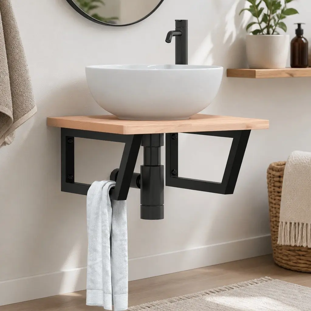 Shelf Brackets for Washbasin Trapezium Steel Wall Mount Support 2 pcs Black