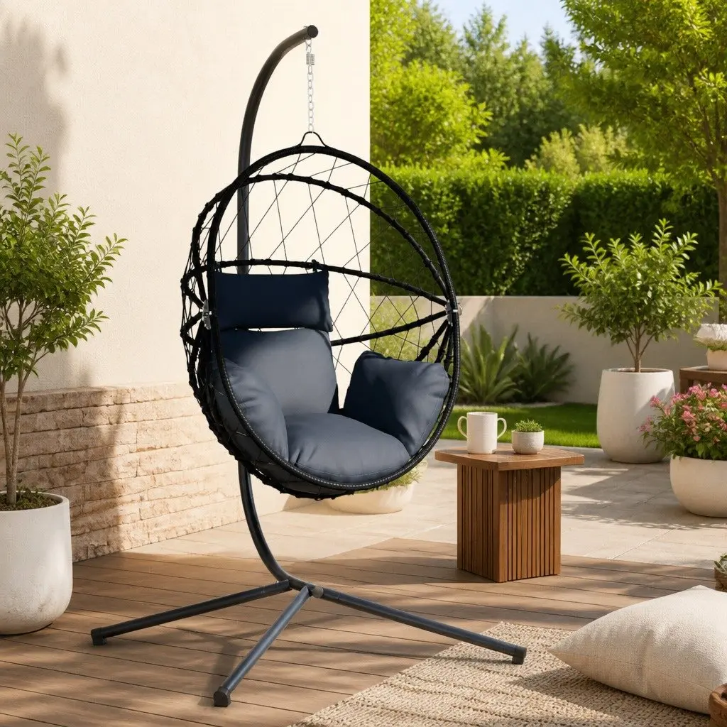 Hanging Egg Chair with Stand for Relaxation Anthracite Rattan Steel Frame
