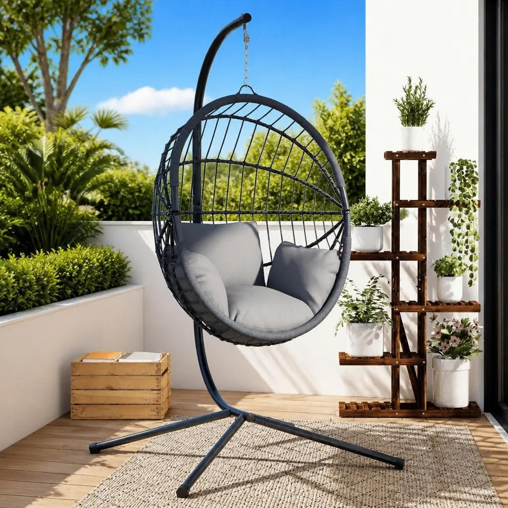 Outdoor Swing Chair Frame Steel Black Portable Stand for Hanging Basket