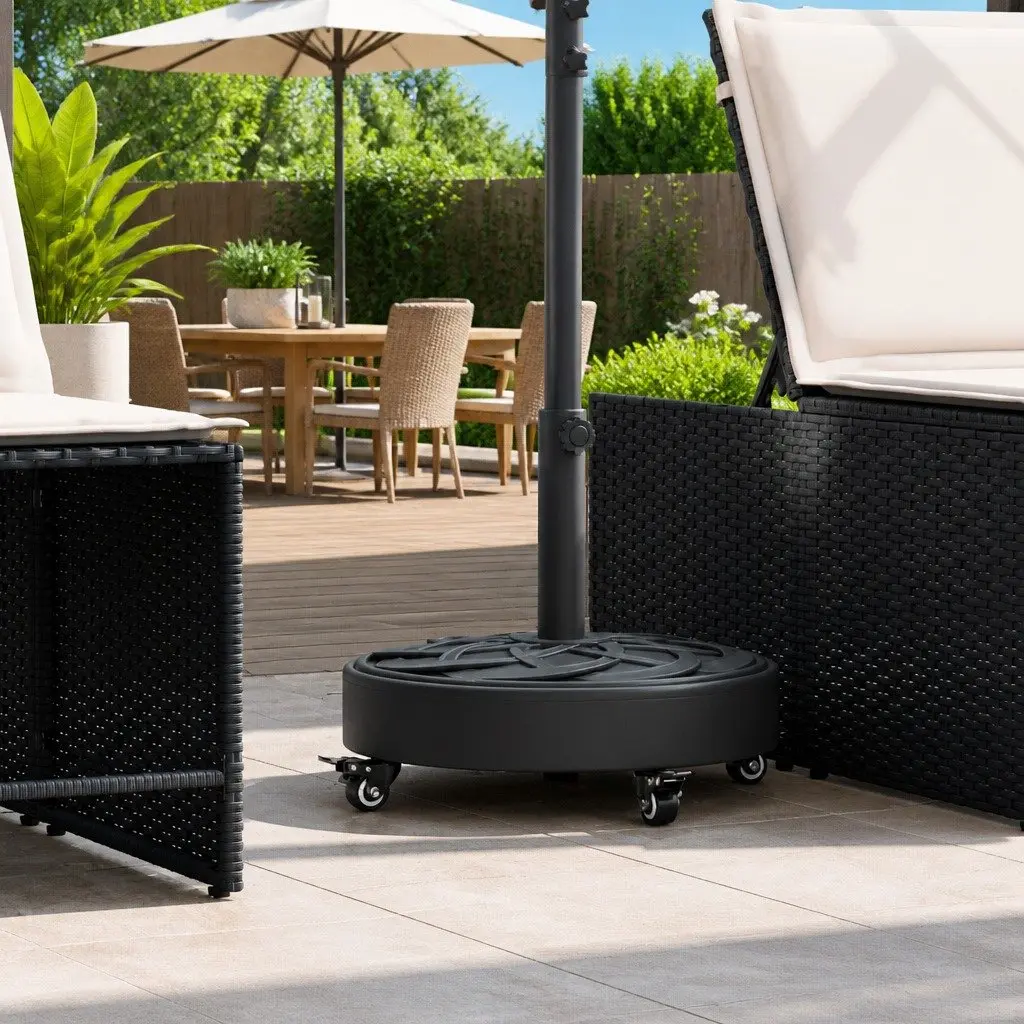 Parasol Base Outdoor Umbrella Stand Round Black with Lockable Castors
