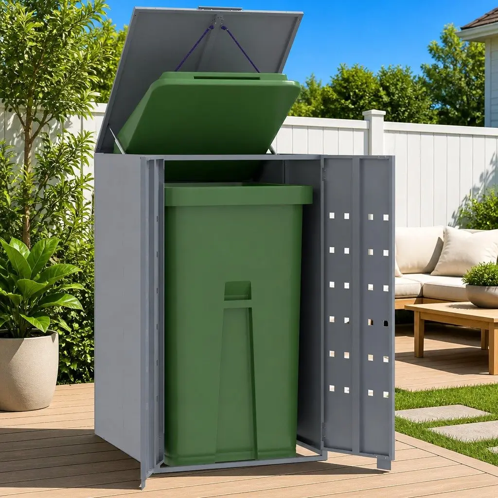 Wheelie Bin Storage Single Bin Grey Powder-Coated Steel Garden Waste Container 69 x 79 x 117 cm