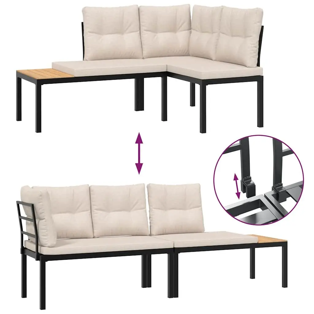 Cushioned Garden Benches Black Steel Frame Patio Seating Furniture 2 Piece
