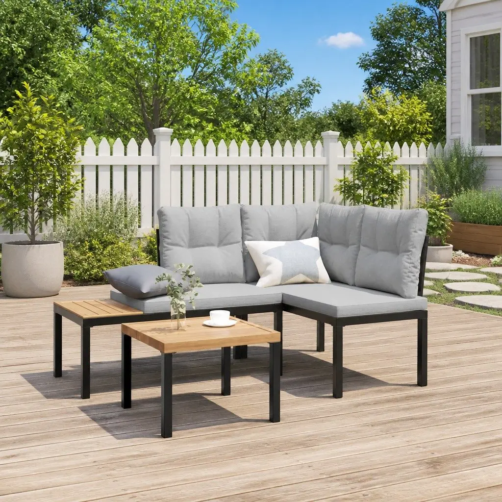 Garden Benches Outdoor Seating 2 Piece Black Steel Frame with Cushions
