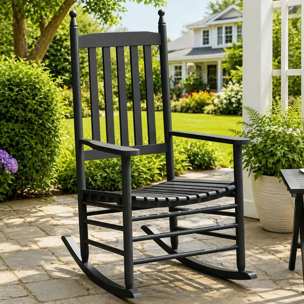 Rocking Chair Indoor Outdoor Use Black Curved Seat High Back Armrests Wood