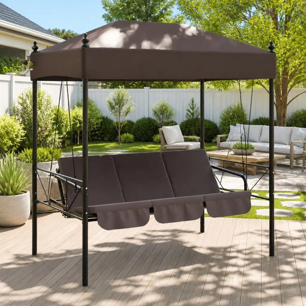 Garden Swing Bench Canopy Outdoor Seating 2-3 People Brown