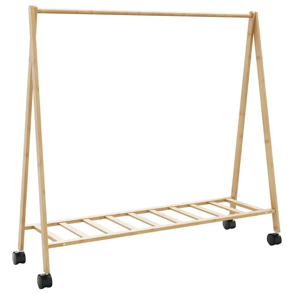Bamboo Clothes Rack Garment Storage Organiser Foldable with Shelves Wheels Brown