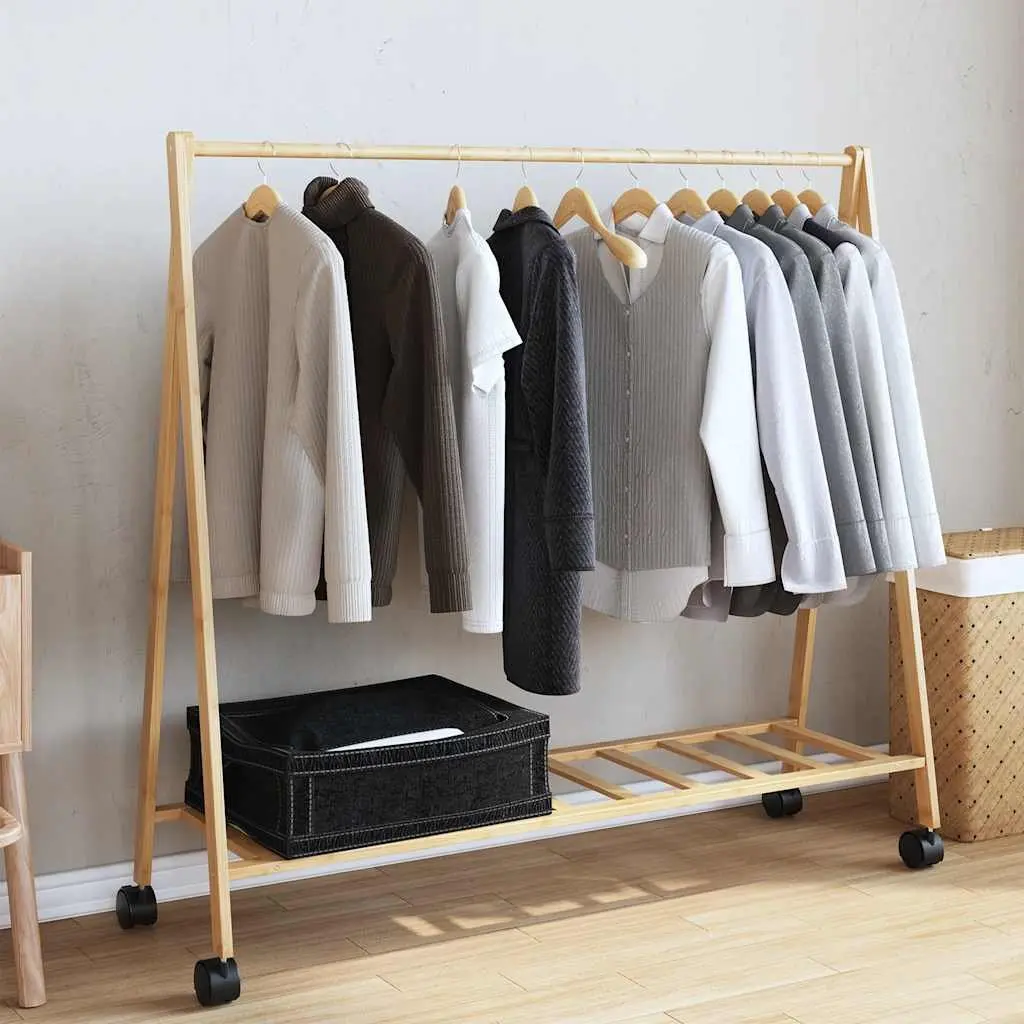 Bamboo Clothes Rack Garment Storage Organiser Foldable with Shelves Wheels Brown