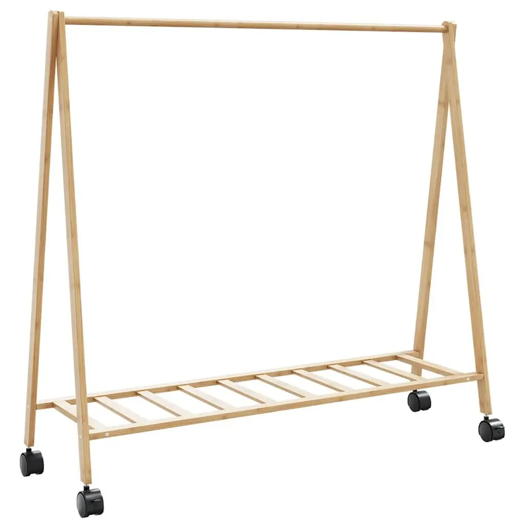 Bamboo Clothes Rack Garment Storage Organiser Foldable with Shelves Wheels Brown