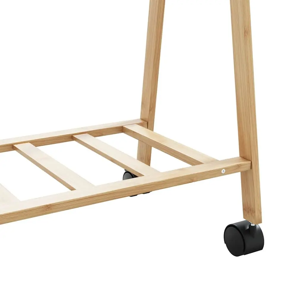 Bamboo Clothes Rack Garment Storage Organiser Foldable with Shelves Wheels Brown