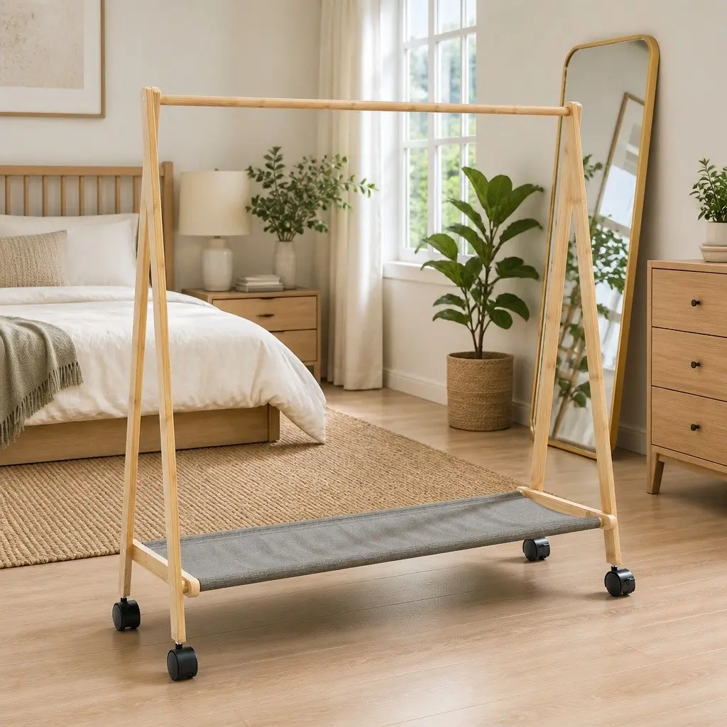 Bamboo Clothes Rack Garment Organiser Foldable with Shelves Wheels Brown