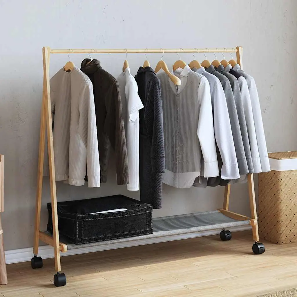 Bamboo Clothes Rack Garment Organiser Foldable with Shelves Wheels Brown