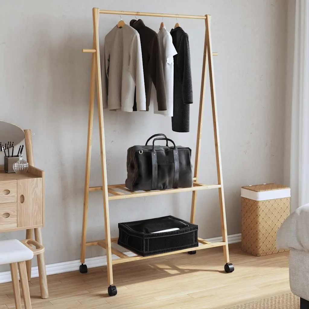 Bamboo Clothes Rack Garment Organiser Foldable with Shelves Wheels Brown