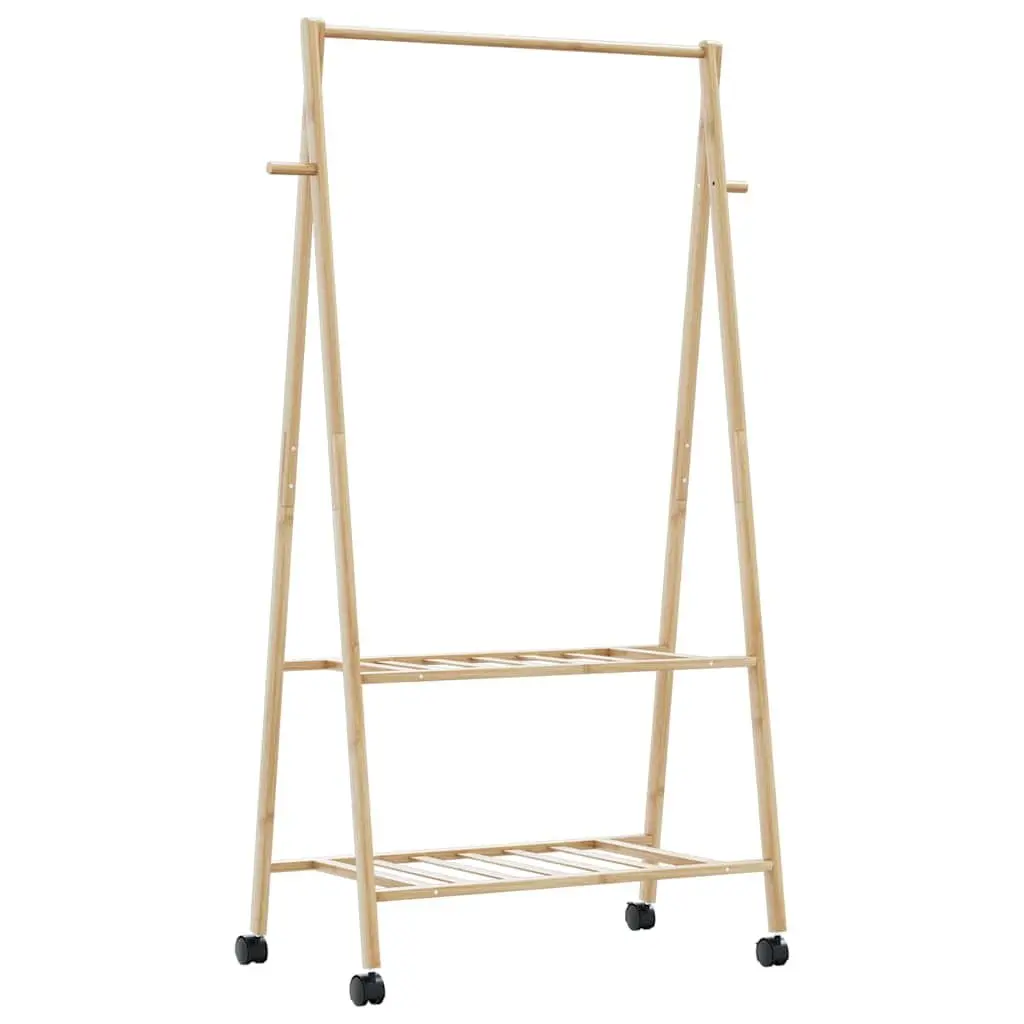 Bamboo Clothes Rack Garment Organiser Foldable with Shelves Wheels Brown