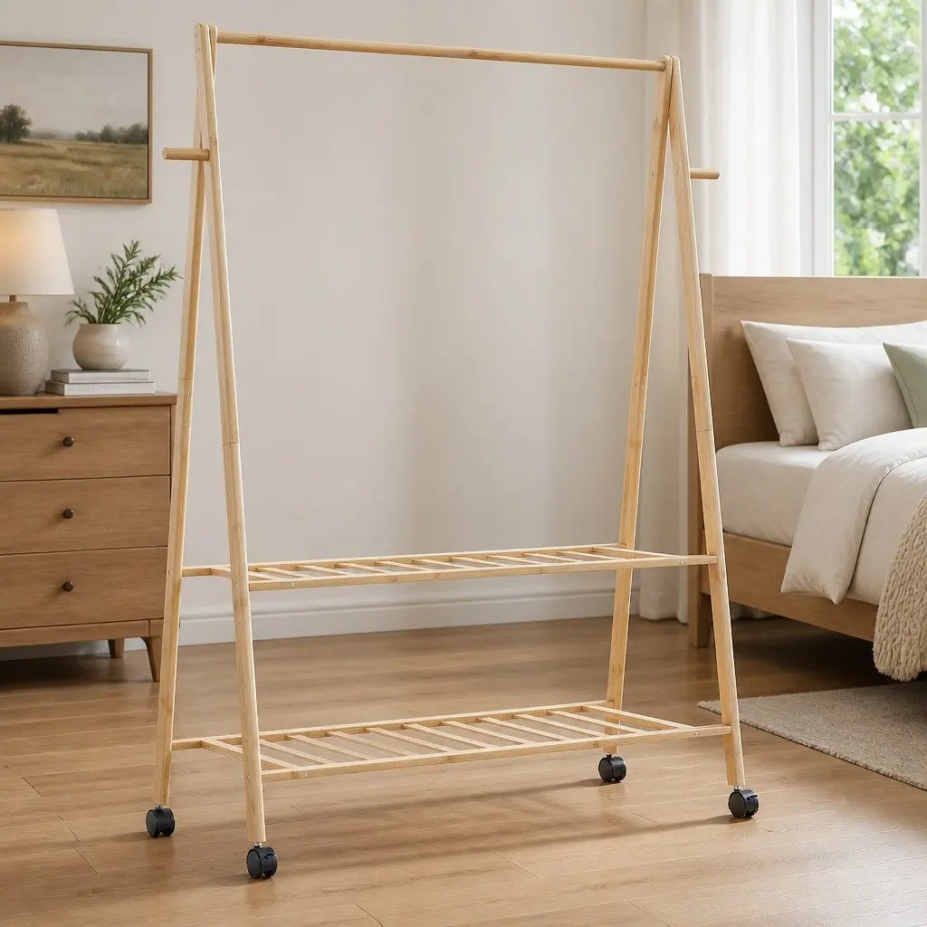 Bamboo Clothes Rack with Shelves and Wheels Organiser 132 x 45.5 x 155.5 cm Brown