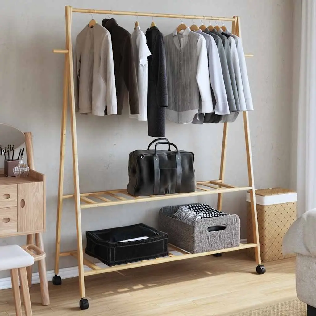 Bamboo Clothes Rack with Shelves and Wheels Organiser 132 x 45.5 x 155.5 cm Brown