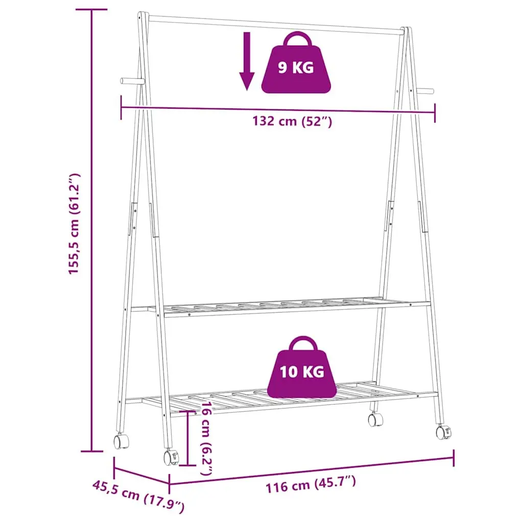 Bamboo Clothes Rack with Shelves and Wheels Organiser 132 x 45.5 x 155.5 cm Brown
