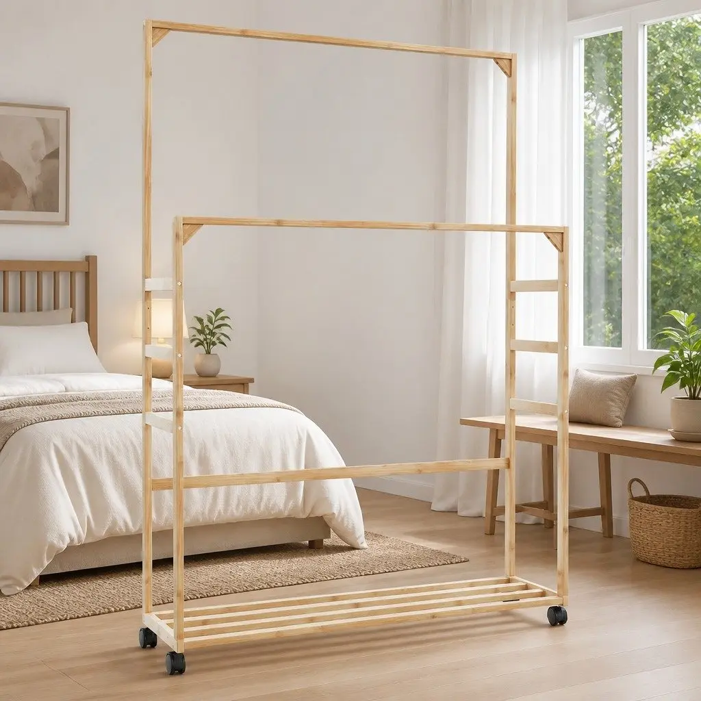 Bamboo Clothes Rack Garment Storage 90x35x155cm Brown with Shelves and Wheels