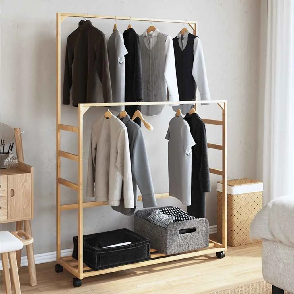 Bamboo Clothes Rack Garment Storage 90x35x155cm Brown with Shelves and Wheels