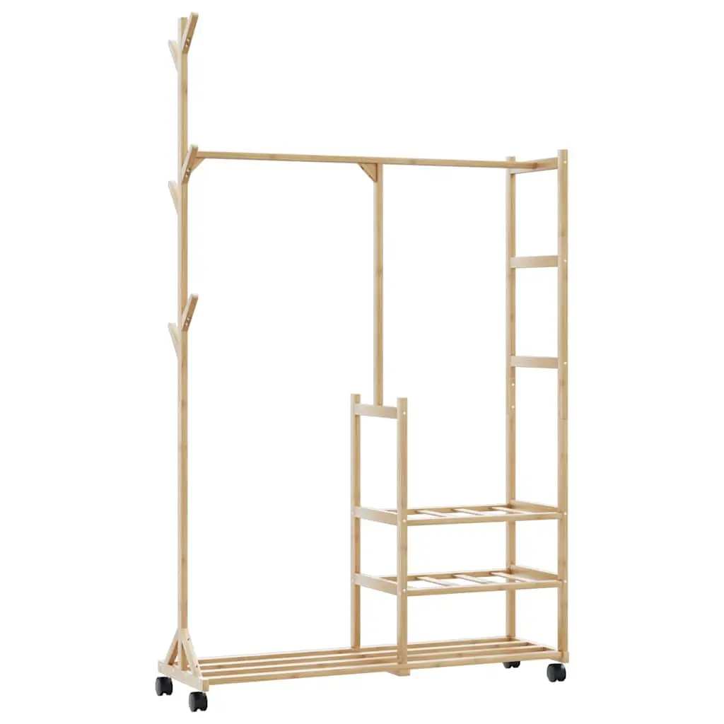 Bamboo Clothes Rack Garment Organiser with Shelves Wheels and Hooks Brown 100 x 38 x 175.5 cm