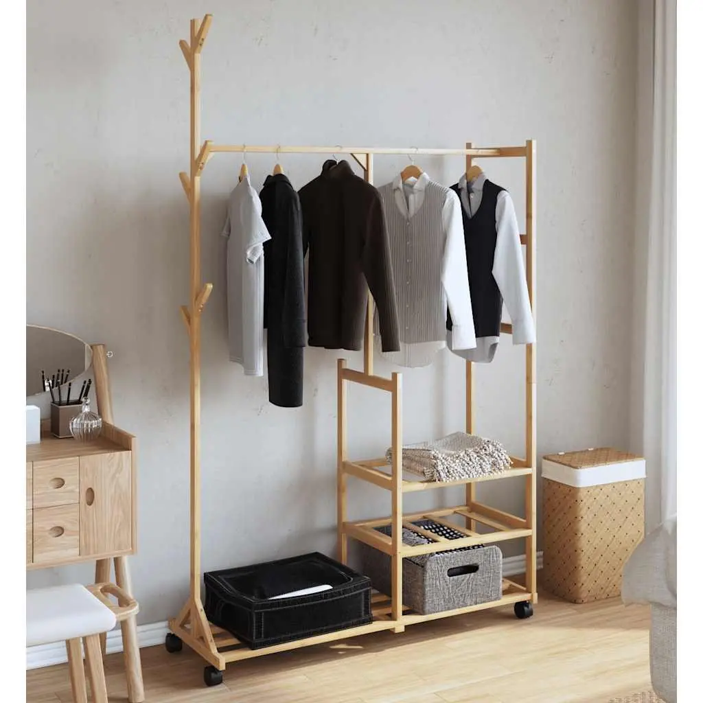 Bamboo Clothes Rack Garment Organiser with Shelves Wheels and Hooks Brown 100 x 38 x 175.5 cm