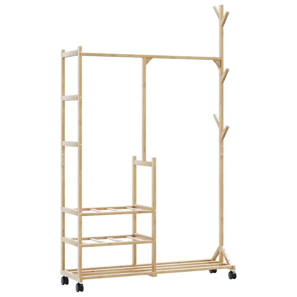 Bamboo Clothes Rack Garment Organiser with Shelves Wheels and Hooks Brown 100 x 38 x 175.5 cm
