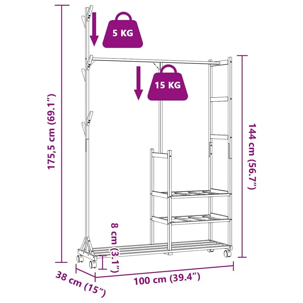 Bamboo Clothes Rack Garment Organiser with Shelves Wheels and Hooks Brown 100 x 38 x 175.5 cm