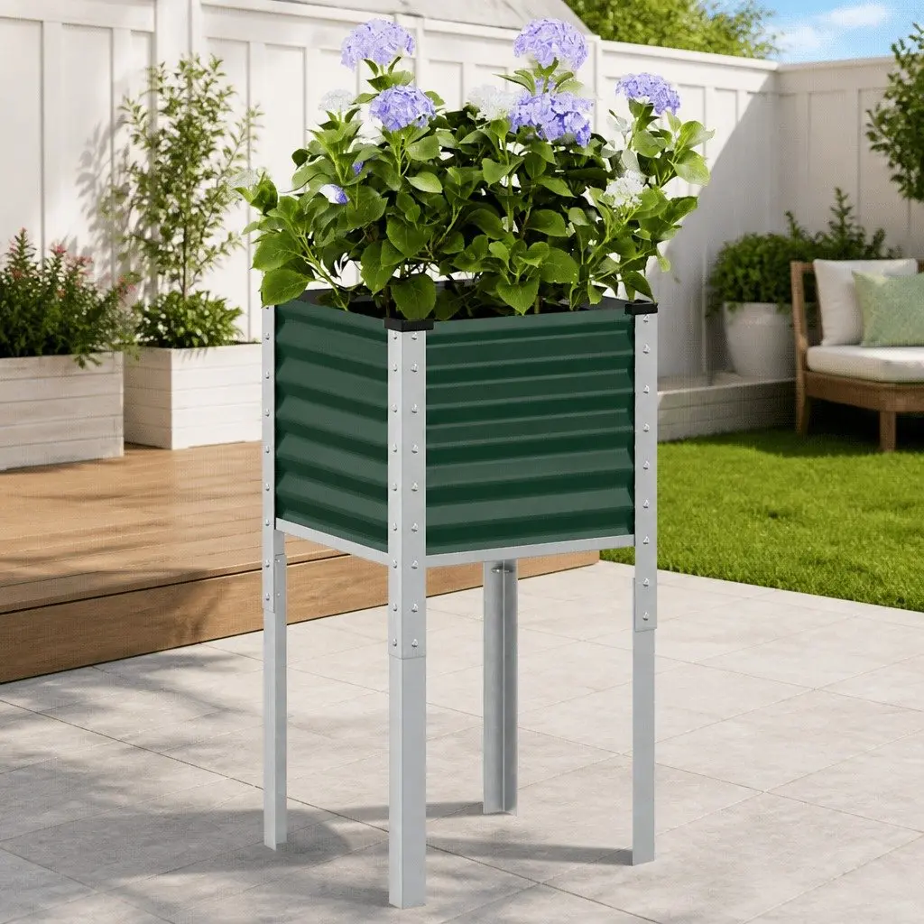 Garden Planter Box Outdoor Flower Pot Stand 45x45x88 cm Green Steel Raised Bed