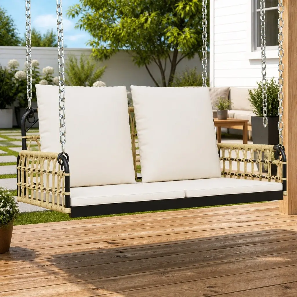 Swing Bench Outdoor Seating Poly Rattan Steel Frame Brown