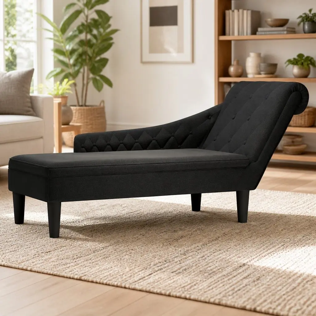 Chaise Lounge Chair Relaxation Black Fabric Right Armrest