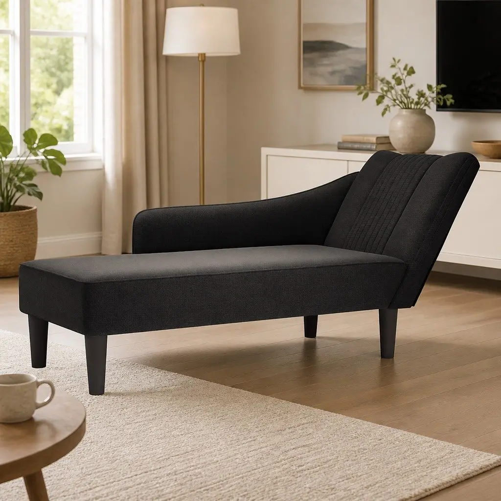 Chaise Lounge with Right Armrest Black Polyester Fabric Relaxation Seating