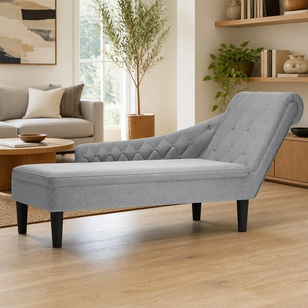 Chaise Lounge Sofa Right Armrest Lumbar Pillow Light Grey Fabric
