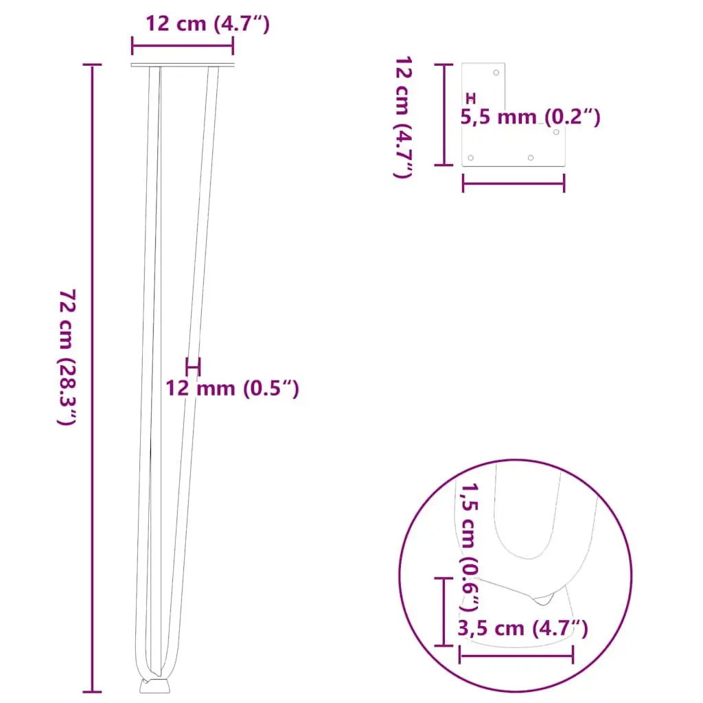 Hairpin Table Legs Adjustable 72cm Black Steel Set 4 Pieces