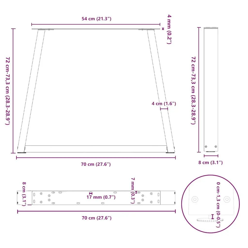 Steel Dining Table Legs V-Shape Adjustable 70x72-73.3cm Black 2 Pieces