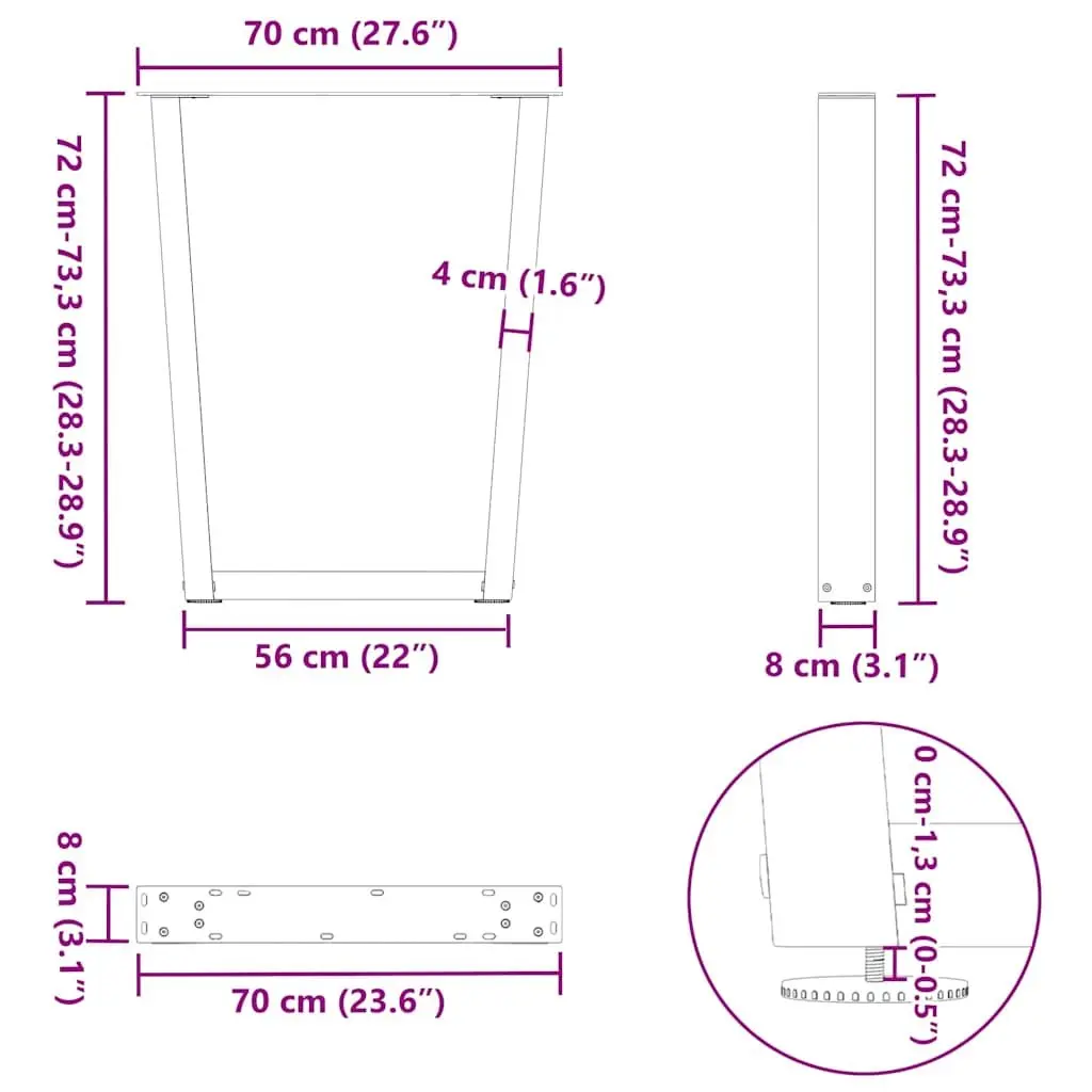 Adjustable V-Shape Table Legs Black Steel 2 Piece Dining Furniture Support