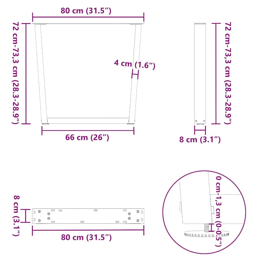 Dining Table Legs Pair Adjustable Steel Black 80x72-73.3cm