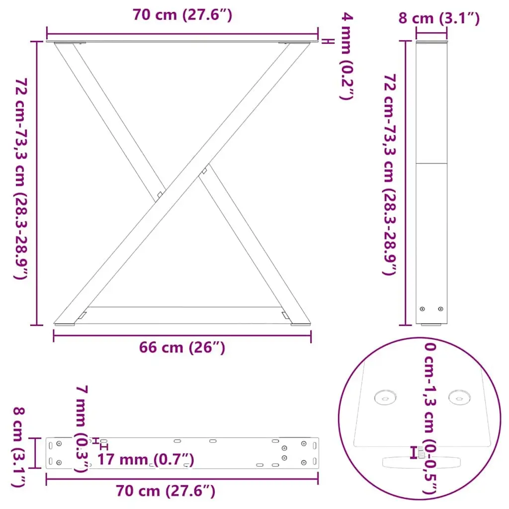 Dining Table Legs 2 pcs Black 70x72-73.3cm Steel with Adjustable Feet Levellers