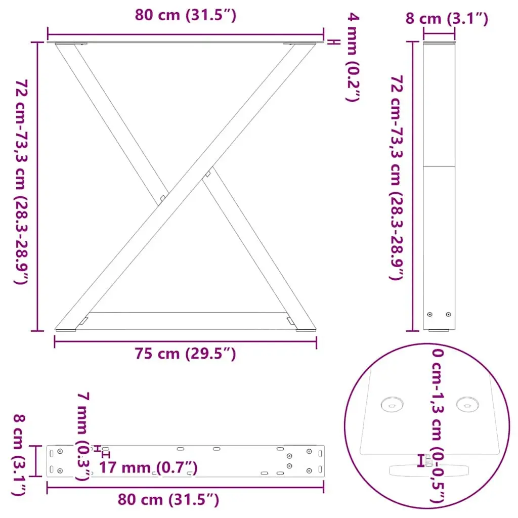 Dining Table Legs Adjustable Black Steel 80x72-73.3cm 2 pcs