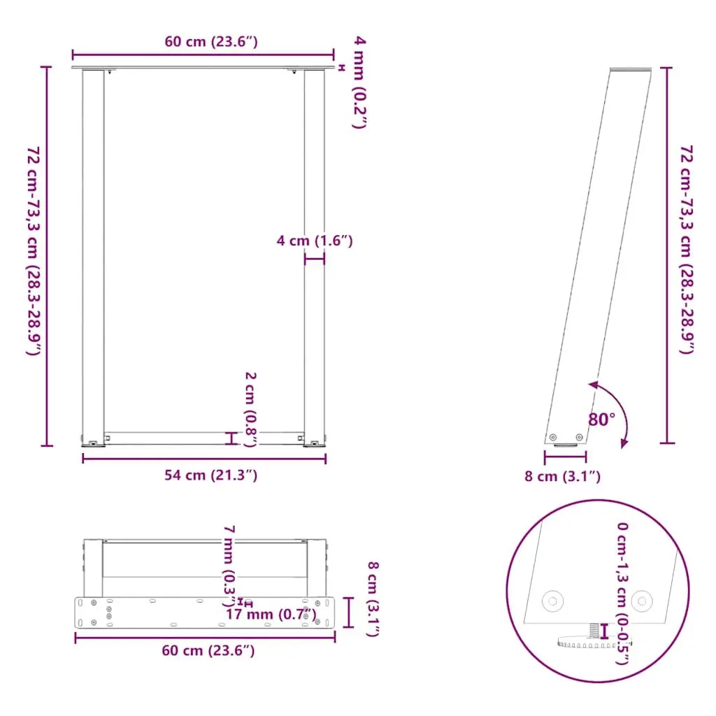 Steel Dining Table Legs U-Shaped 60x72-73cm Black 2 Pieces for Custom Support