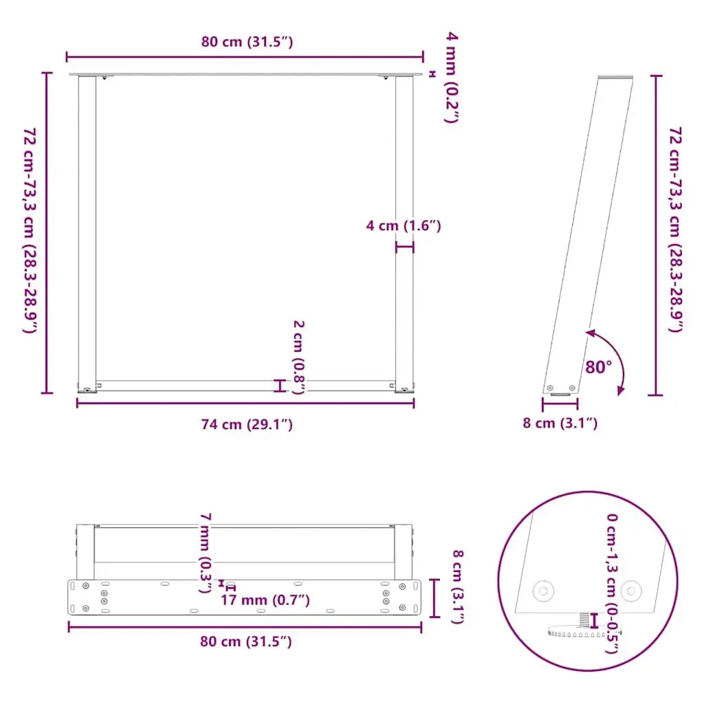 Dining Table Legs U-Shaped Steel Support 80x72-73cm Black 2 Piece