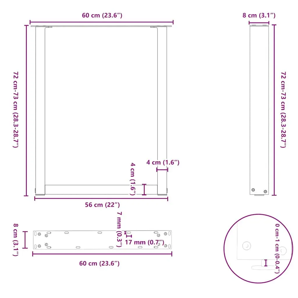 Dining Table Legs U-Shaped Steel Black 60x72-73cm Adjustable Levelers Pack of 2