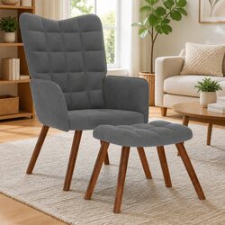 Comfortable Grey Velvet Armchair and Footstool