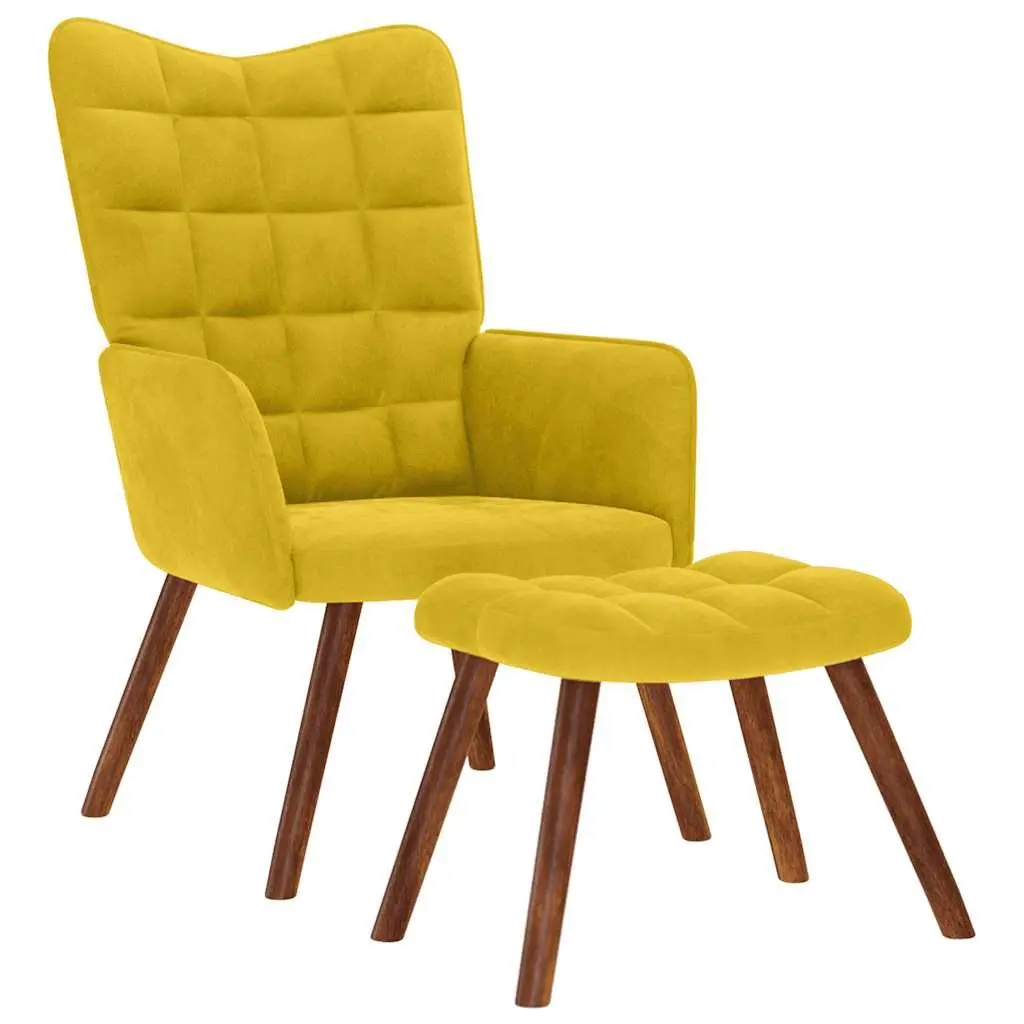 Relaxing Armchair Footstool Yellow Velvet Living Room Seat