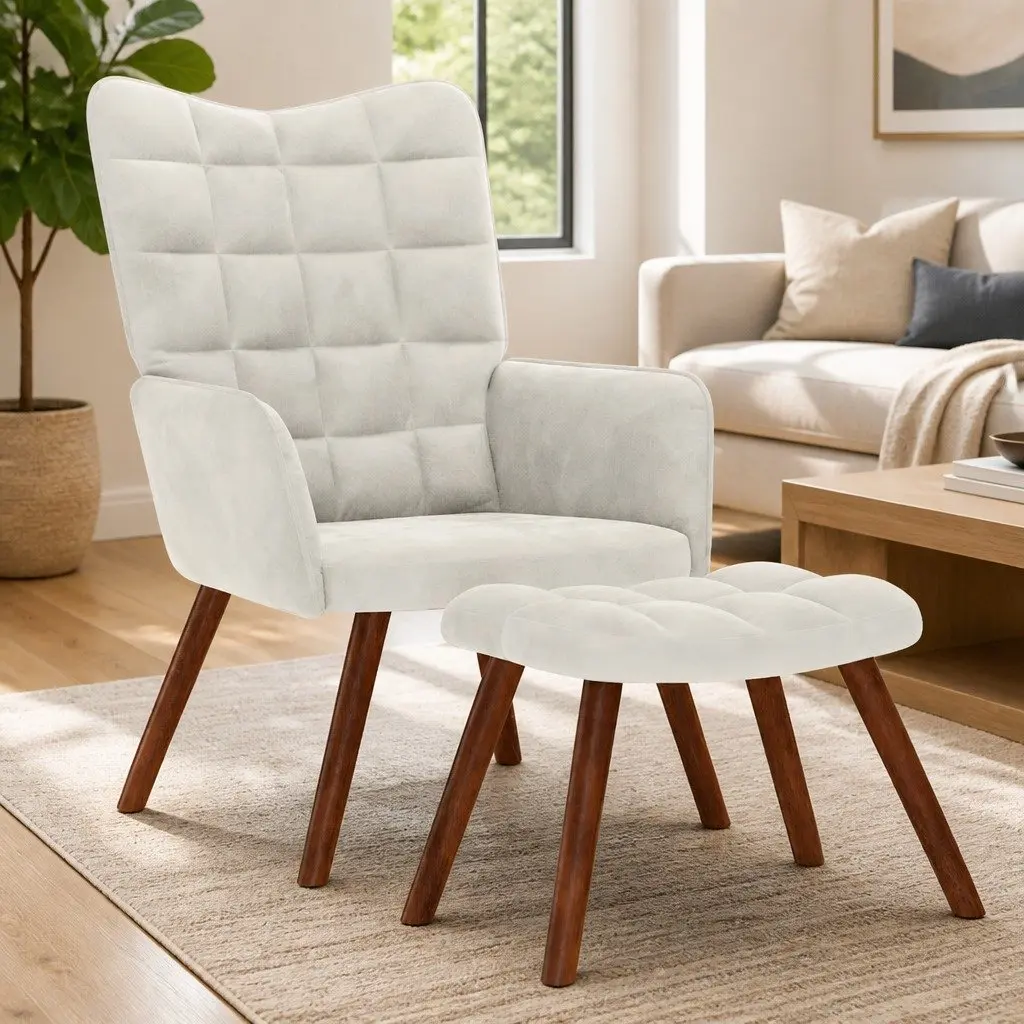 Relaxing Chair Cream Velvet Lounge Seat with Stool