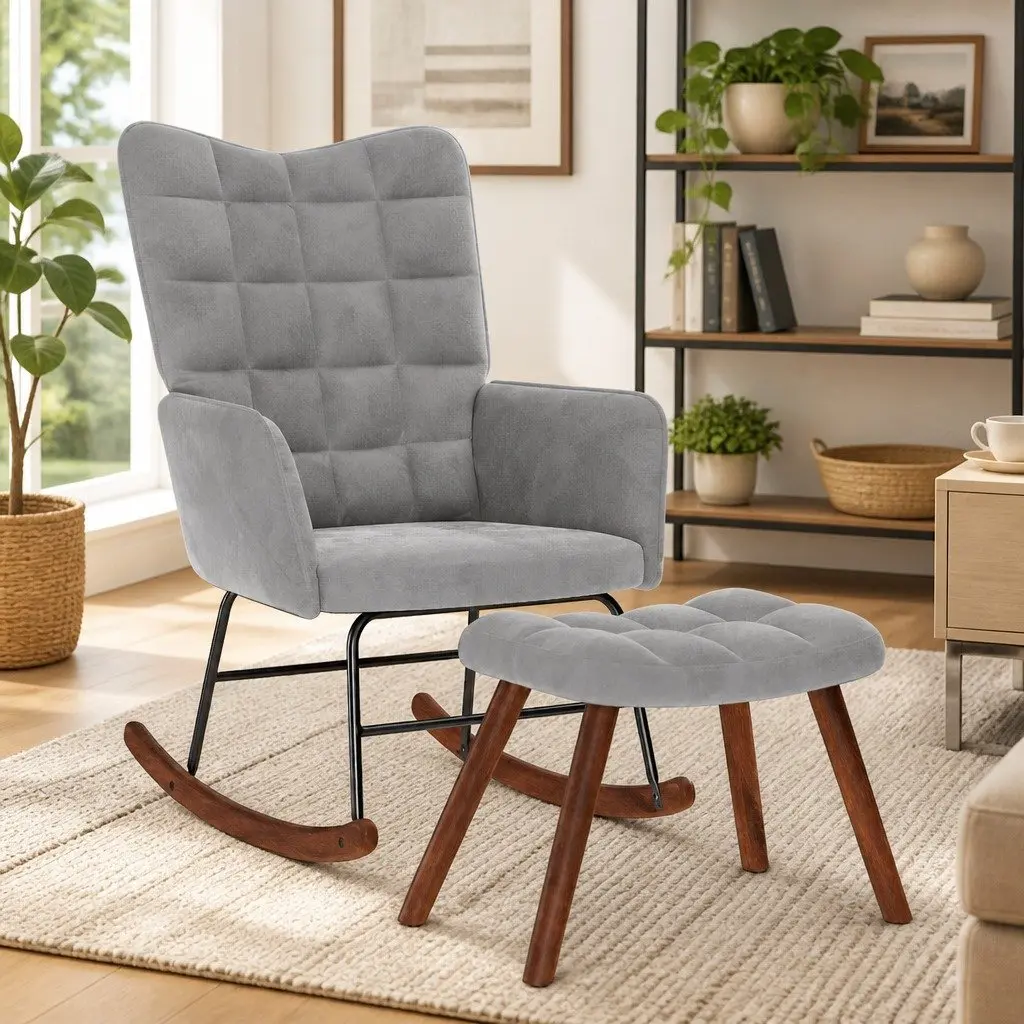 Grey Velvet Rocking Chair and Footstool Combo