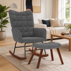 Rocking Chair with Footstool Grey Velvet Padded Armchair Lounge Seat