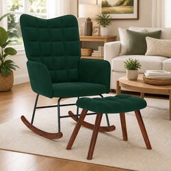 Comfortable Green Velvet Rocking Chair with Footstool